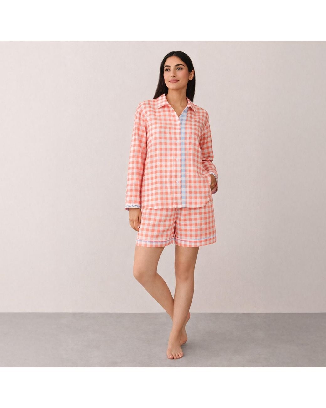 NoLoGo-chic Pink Gingham Set Shorts Pj Cotton