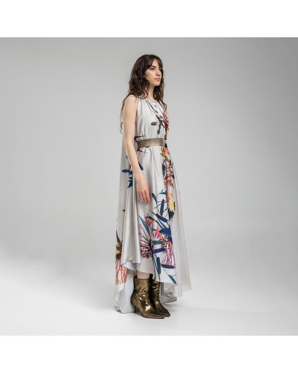 ARTISTA White Polyester Floral Print Maxi Dress