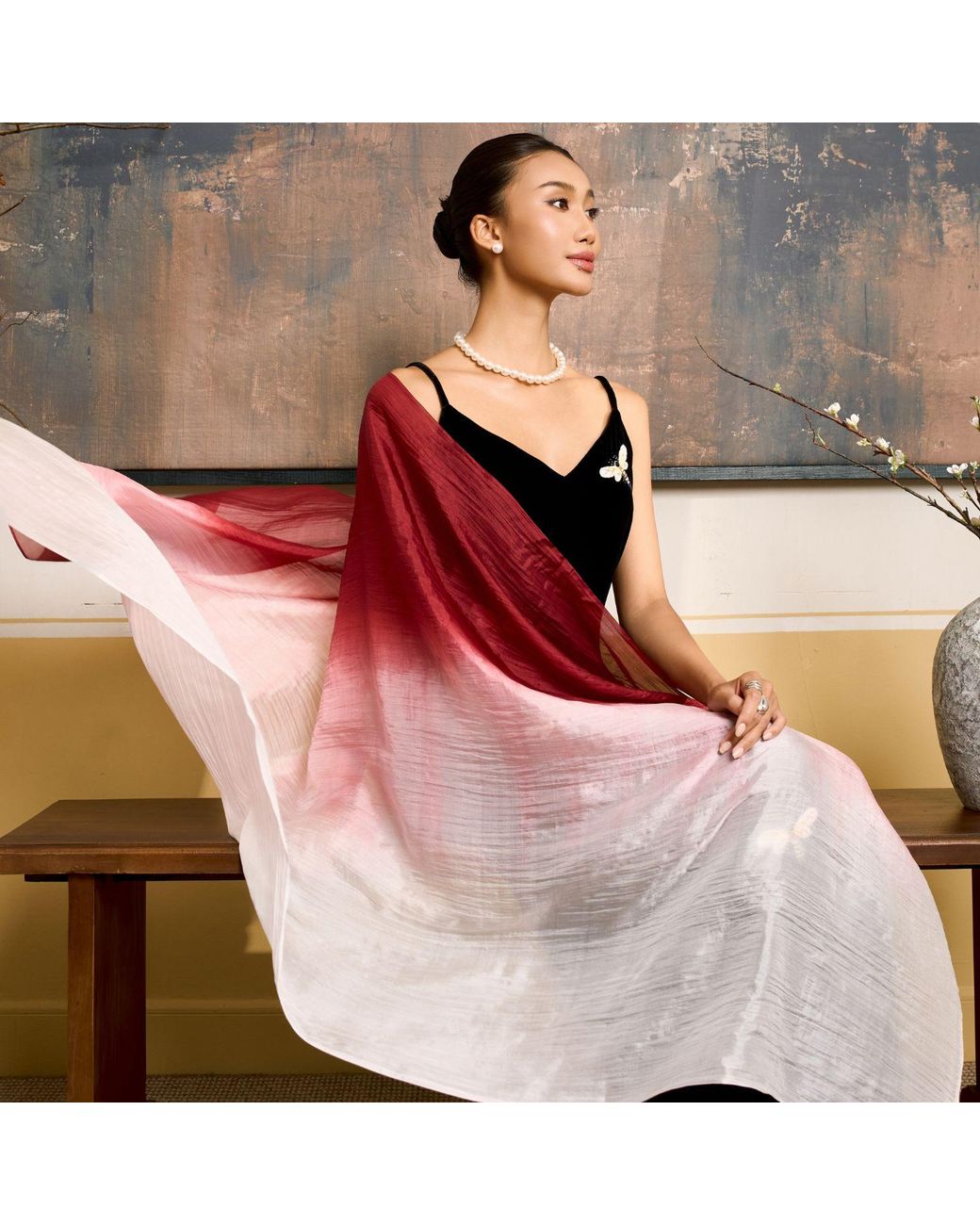 Silk and Bears Red Burgundy To Blush Ombre Mulberry Silk Scarf – Handmade & Hand-Dyed