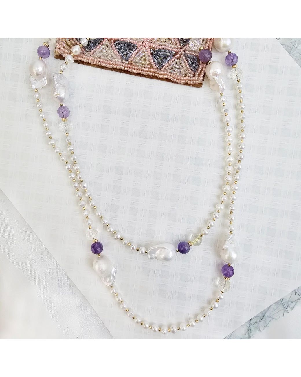 Farra White Baroque Pearls With Amethyst Long Necklace