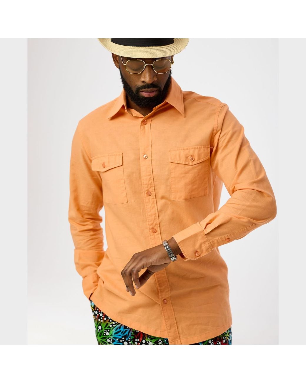 DAVID WEJ Orange Hugo Linen Front Pocket Shirt for men