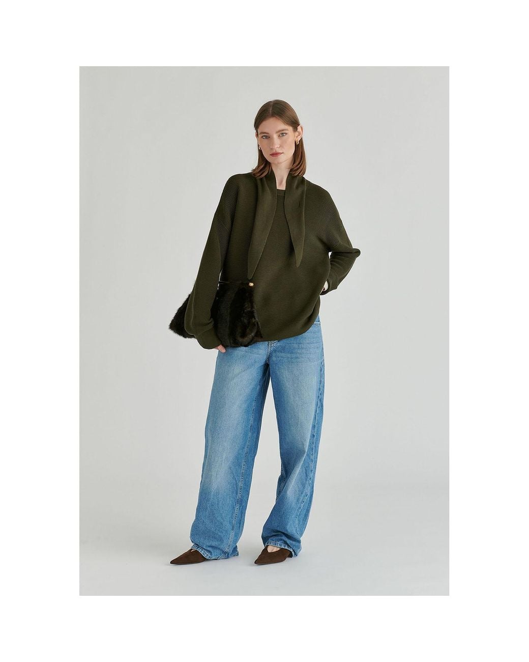 Paisie Green Ribbed Jumper With Attached Scarf Tie