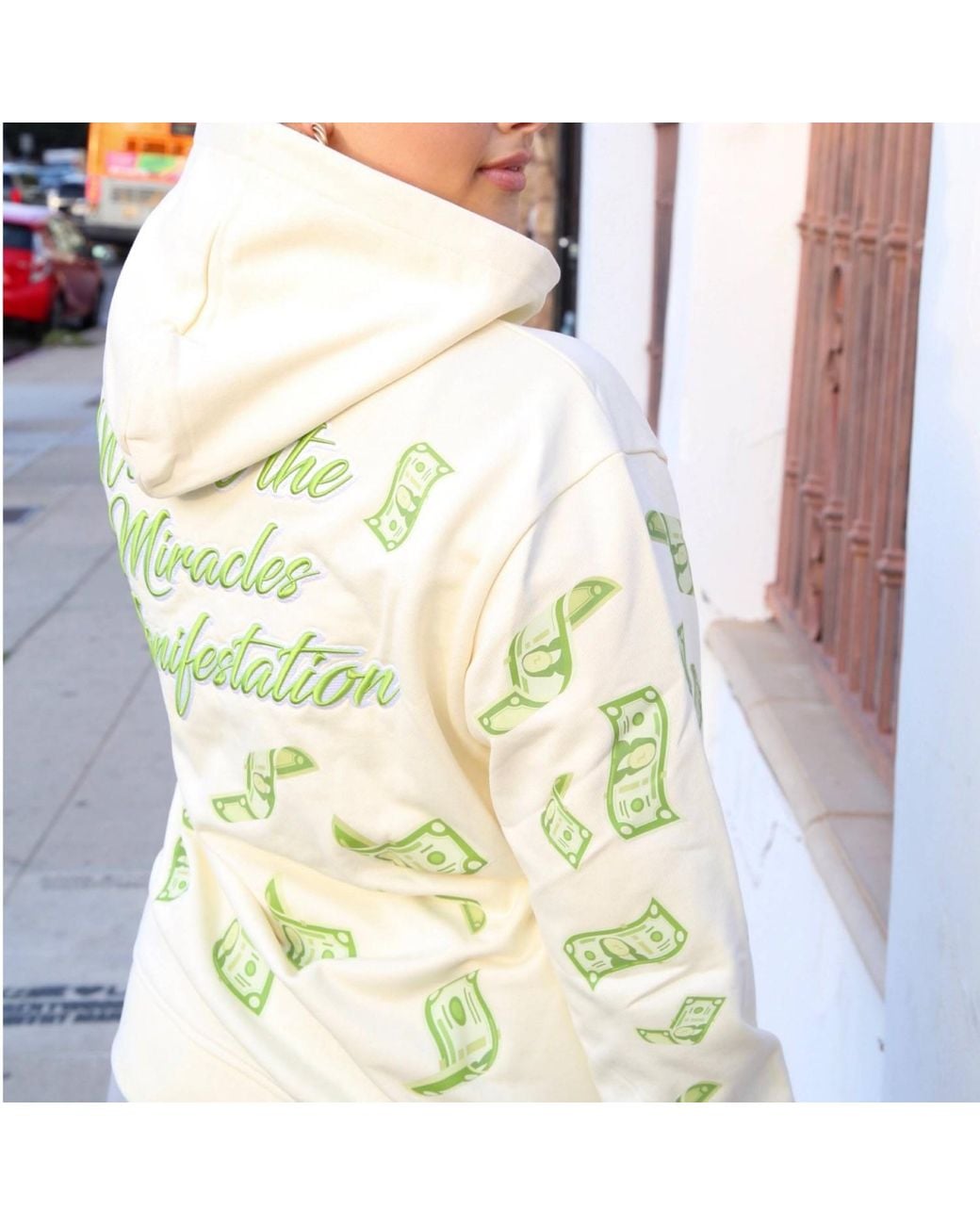 Miracles Manifester Gray Neutrals Manifestation Embroidered Hoodie With Rhinestone Design