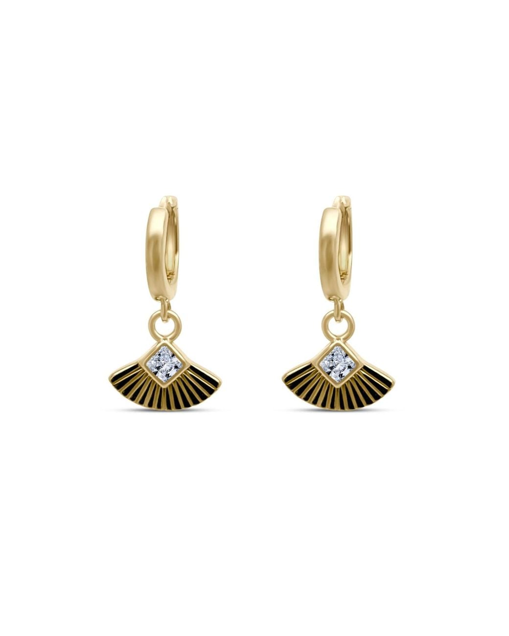 Clemence Wren Metallic Art Deco Gemstone Fan Charm Huggie Earrings