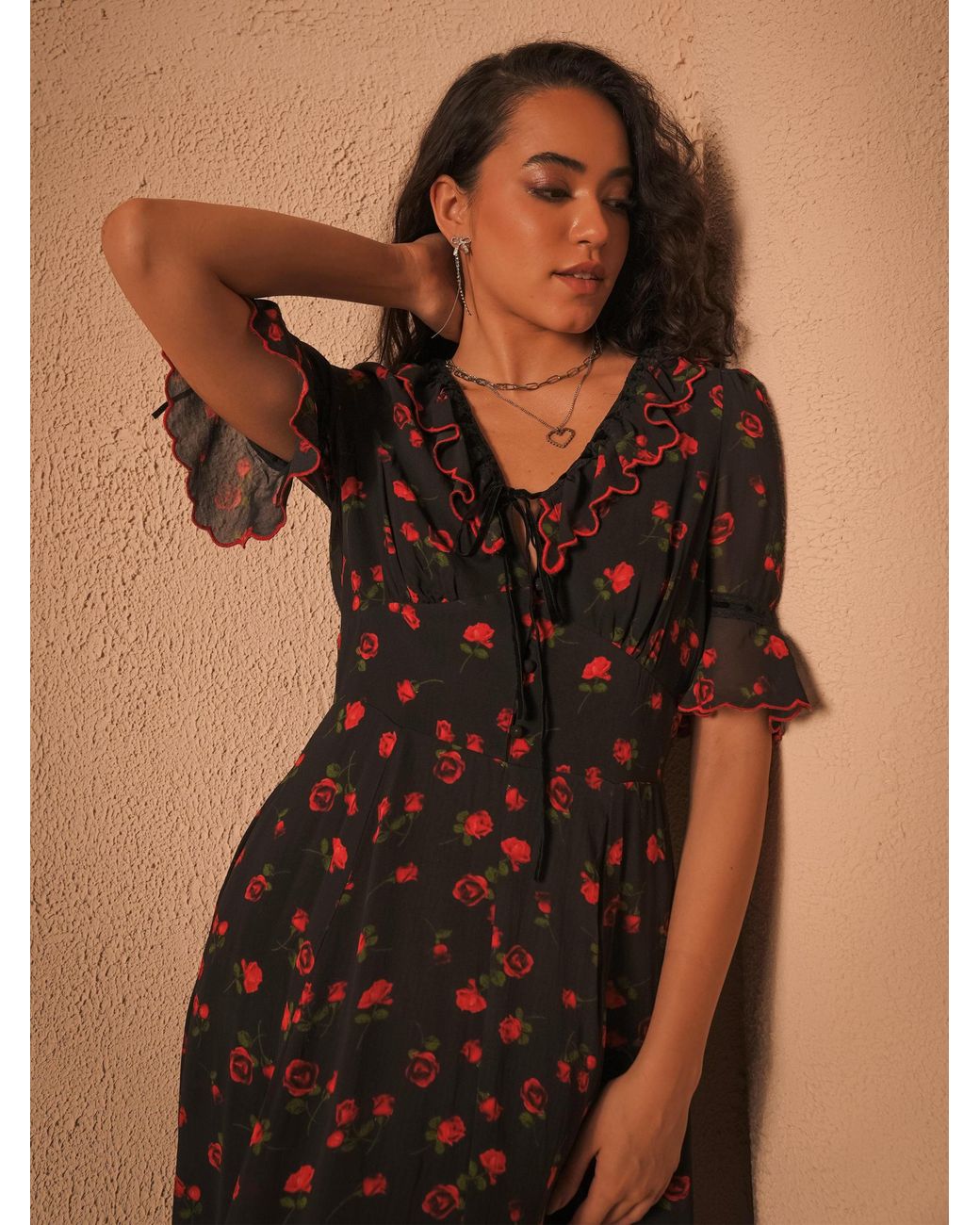 Rose & Nancy Red Toni Rose Print Velvet Tie Maxi Dress