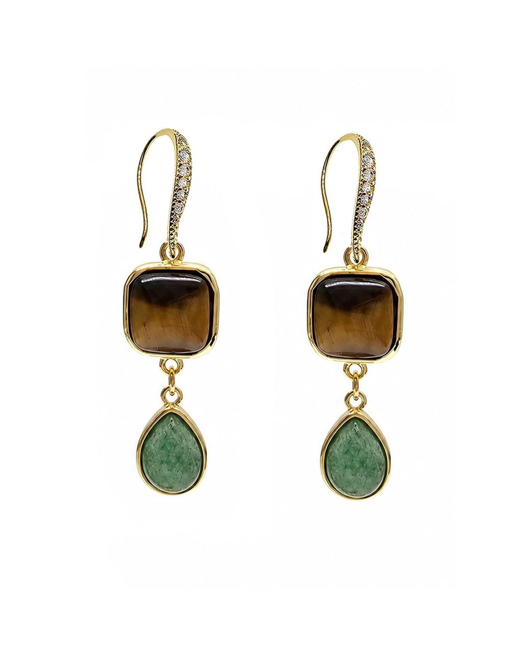 Farra Green Tiger-Eye Stone And Teardrop Aventurine Dangle Earrings