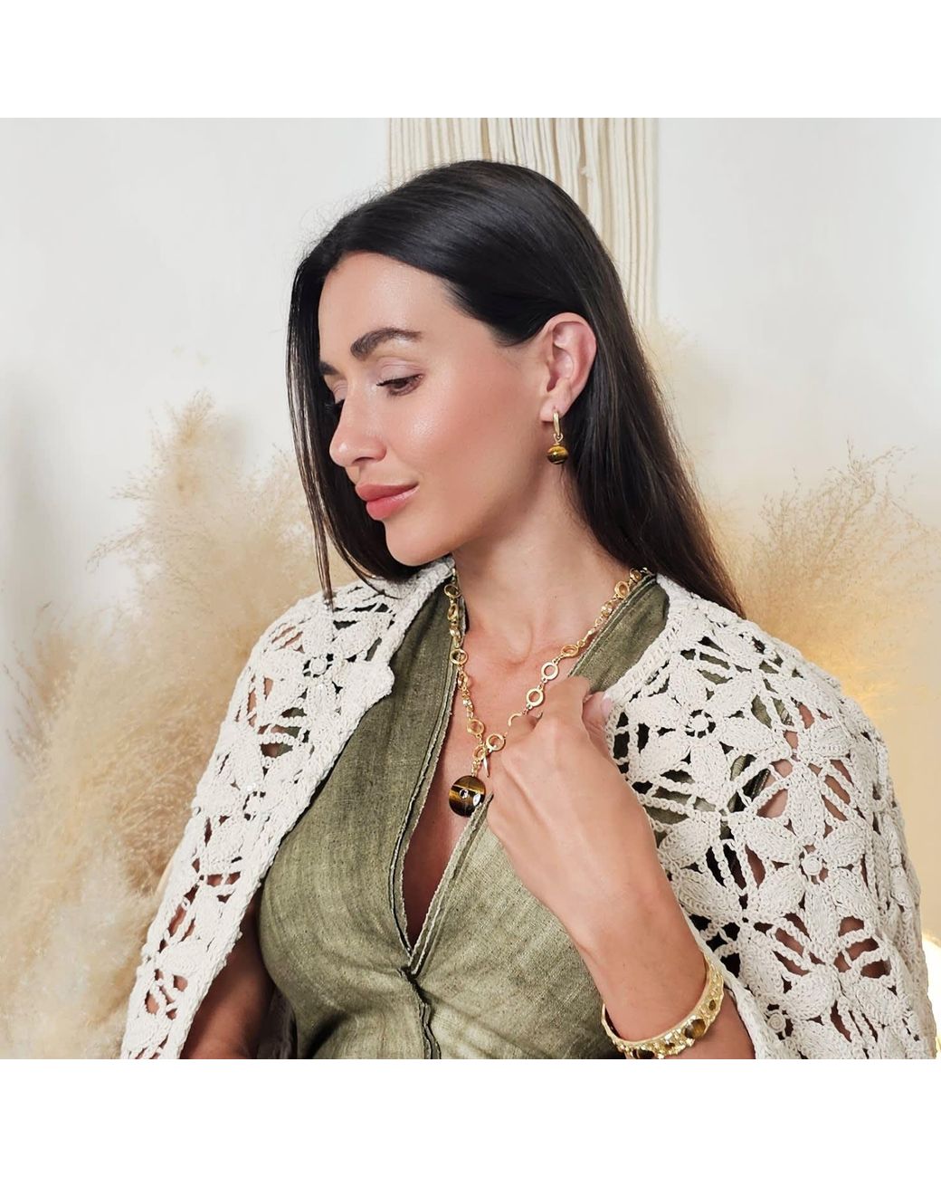 Farra Metallic Tiger Eye Stone Pendant Y-Shaped Necklace