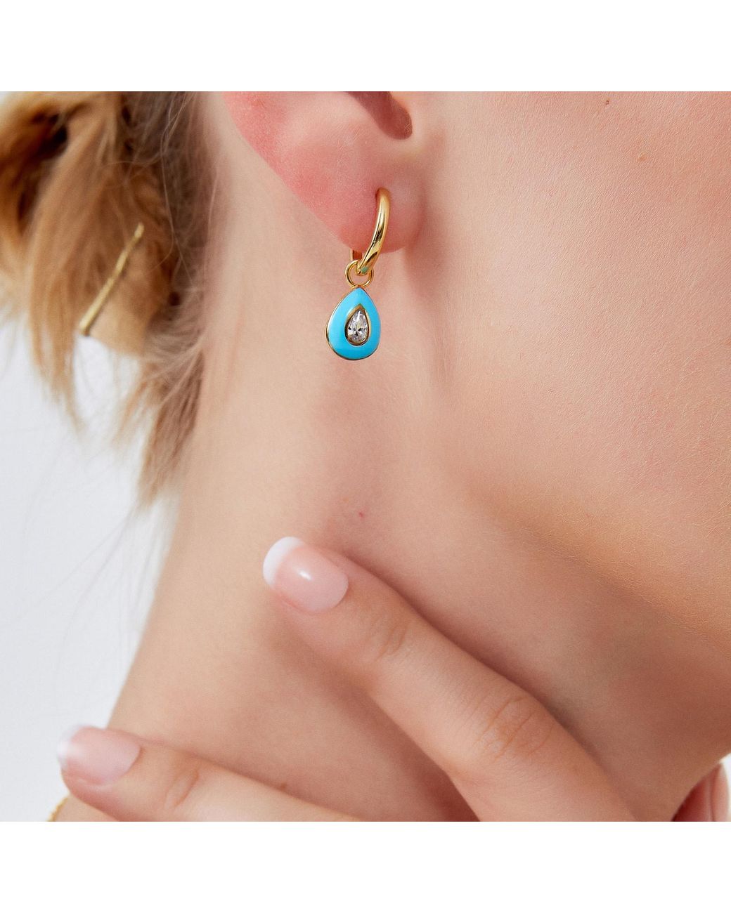 Spero London Blue Enamelled Jewelled Sterling Drop Hoop Earring