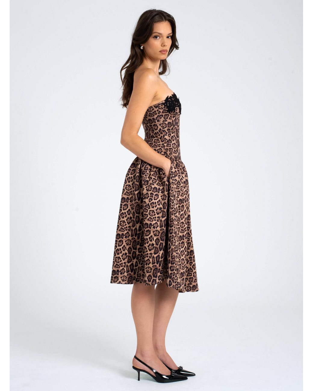 Miss Circle New York Brown Uchenna Cheetah Print Stretchy Strapless Midi Dress With Lace Trim