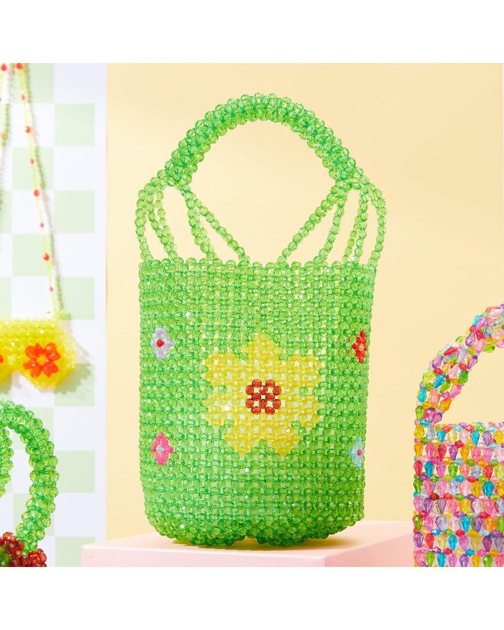 Tillie Beads Green Sunshine Daisy Beaded Bucket Bag