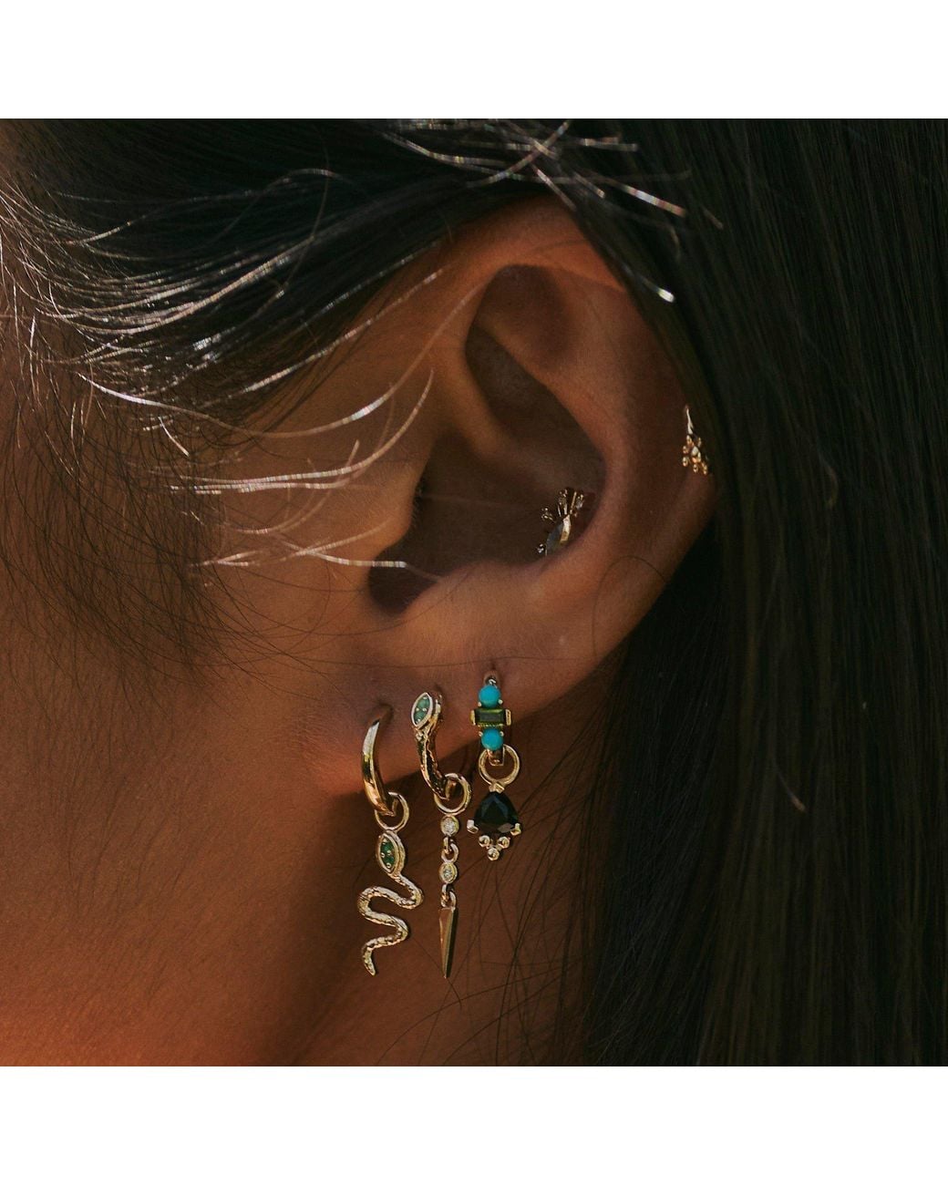Zohreh Metallic Emerald Snake Earring Charm 9K