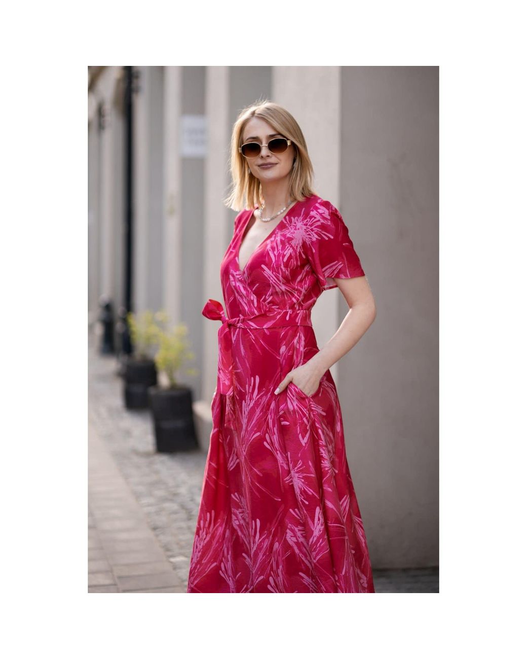 Oh!Zuza Pink Rose Echo Viscose Wrap Dress With Pockets