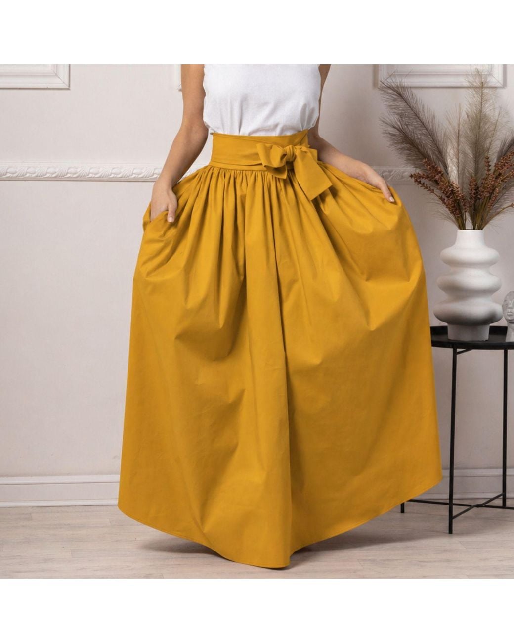 Nikka Place Yellow Floor Length Summer Skirt With Pockets And Bow