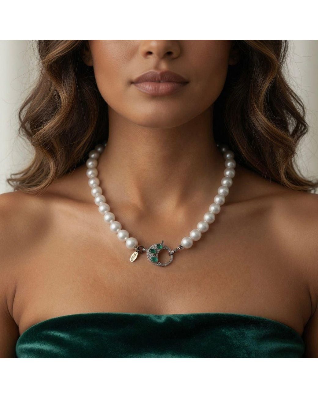 Persia Dona Jewelry Metallic Pearl X Emerald Clasp Necklace