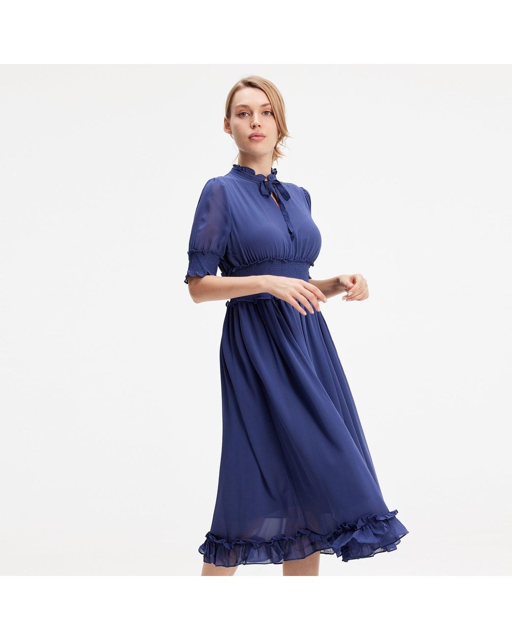Smart and Joy Blue Chiffon Dress With Smocks And Small Ruffles