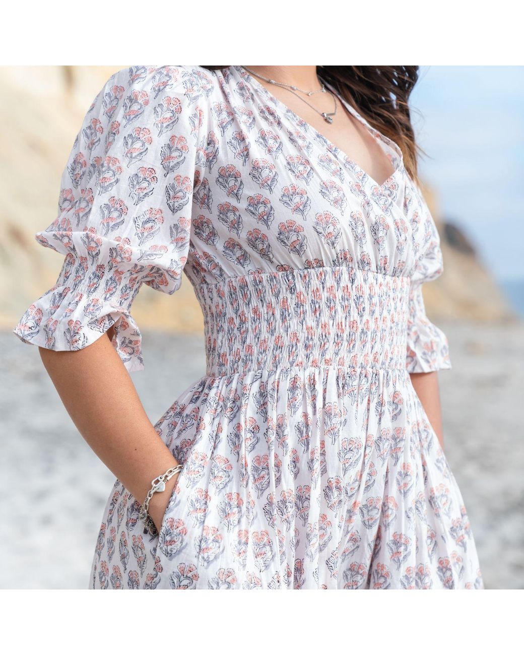 House of Gl Pink Neutrals Lilienne Hand-Block Printed Smocked Midi Dress