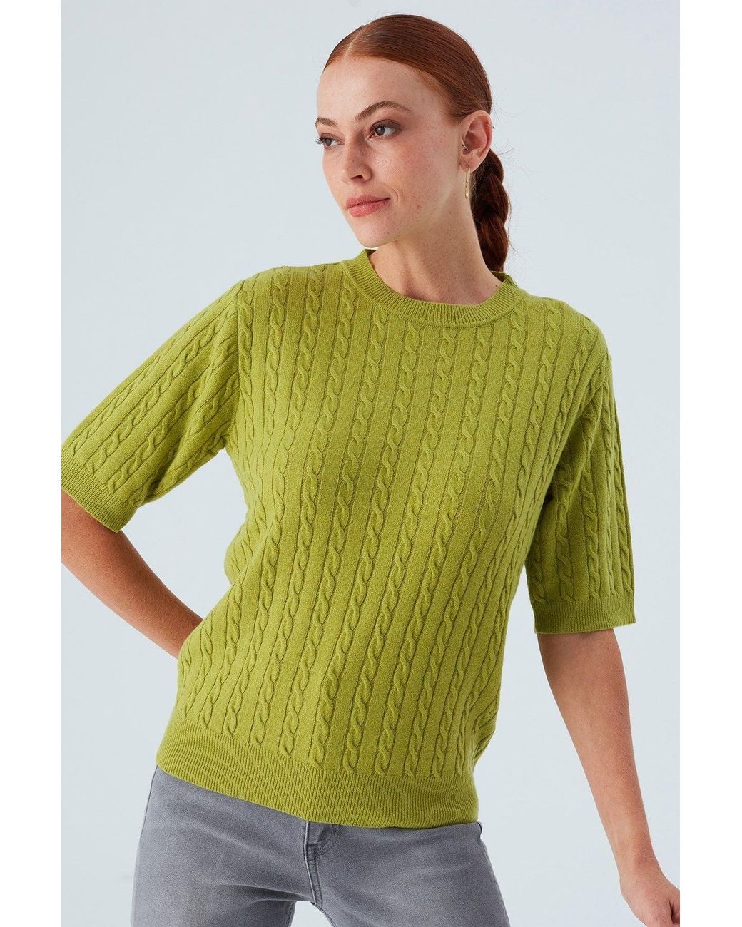 Peraluna Green Nicole Cable Knit Cashmere Blend Short Sleeve Blouse