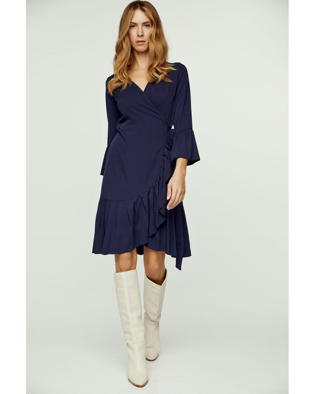 Conquista Blue Wrap Dress Viscose With Bell Sleeves