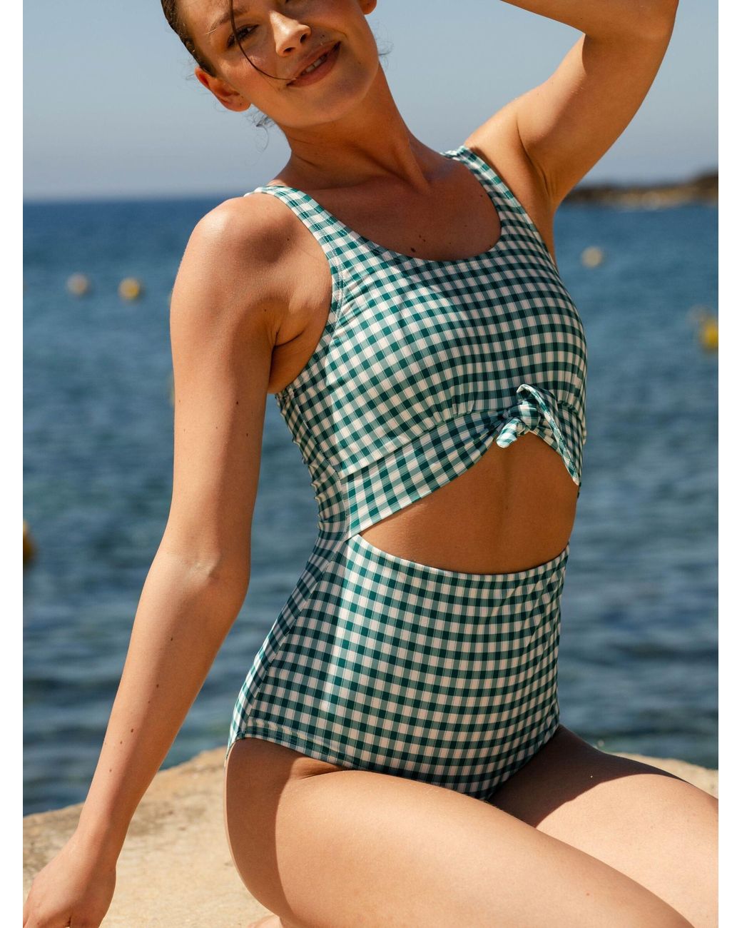 Lime Ricki Swimwear Blue Juniper Gingham Knotted One-Piece
