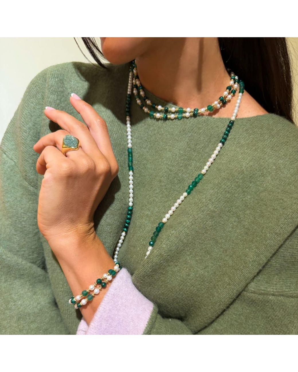 Farra Green Freshwater Pearl With Malachite And Agate Long Necklace