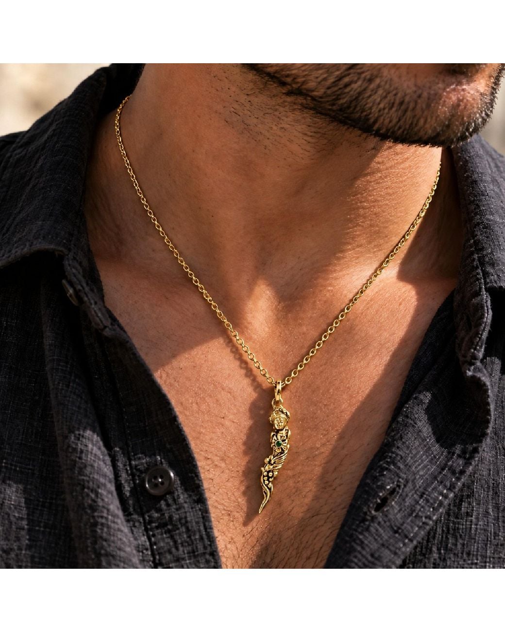 Unaloe Metallic Italian Horn Goddess Pendant Necklace With Emerald – Plated for men