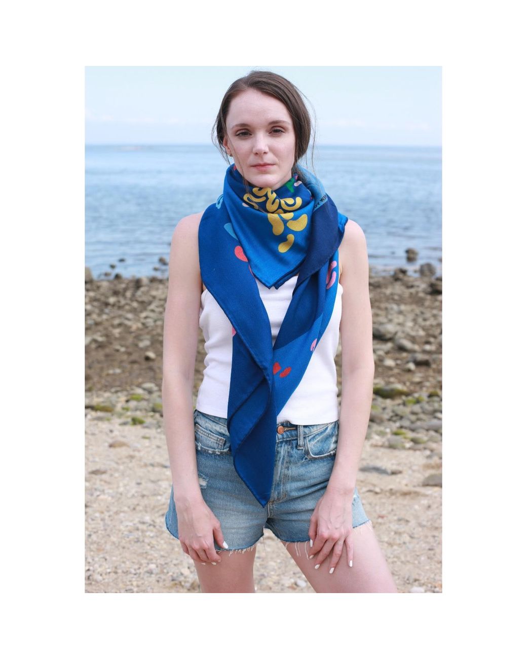 Jessie Zhao New York Blue Double Sided Wool Silk Shawl Of Night Flowers