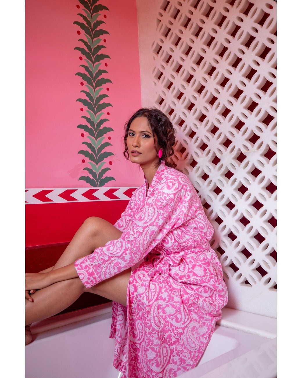 NoLoGo-chic Pink Hand Block Printed Kimono Robe
