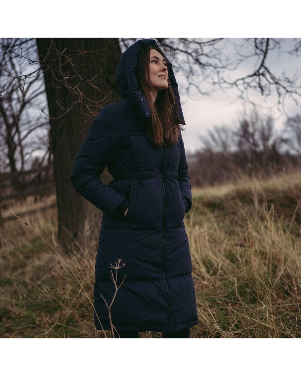 BEIRA Blue Alexis Longline Padded Puffa Coat With Cowl Hood Dark