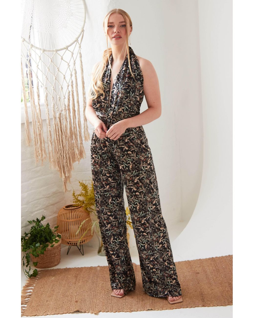 Sarvin Multicolor Floral Velvet Backless Jumpsuit