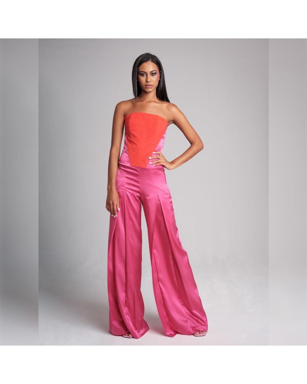 Imaatu Pink Shield Fuchsia Silk Alcantara Corset Jumpsuit – Luxury Wide-Leg