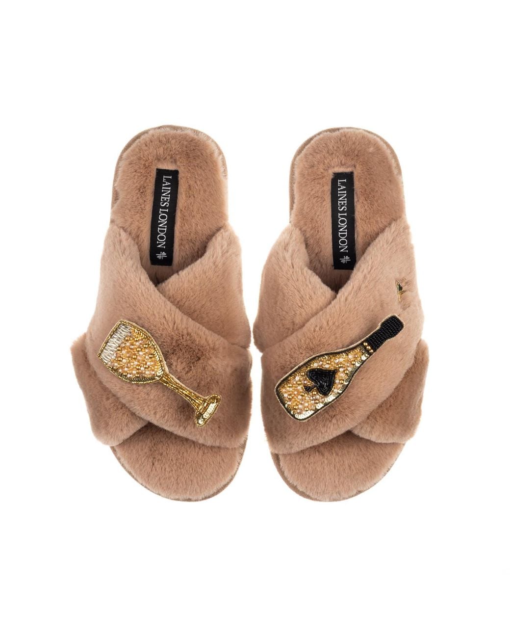 Laines London Brown Neutrals Classic Laines Slippers With Ace Of Champagne Brooches