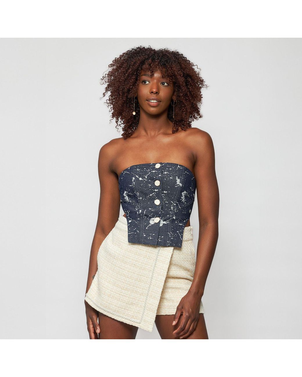 Solgo Atelier Blue Laura Embellished Denim Strapless Bustier With Stylized Cuts And Center Back Smocking Detail