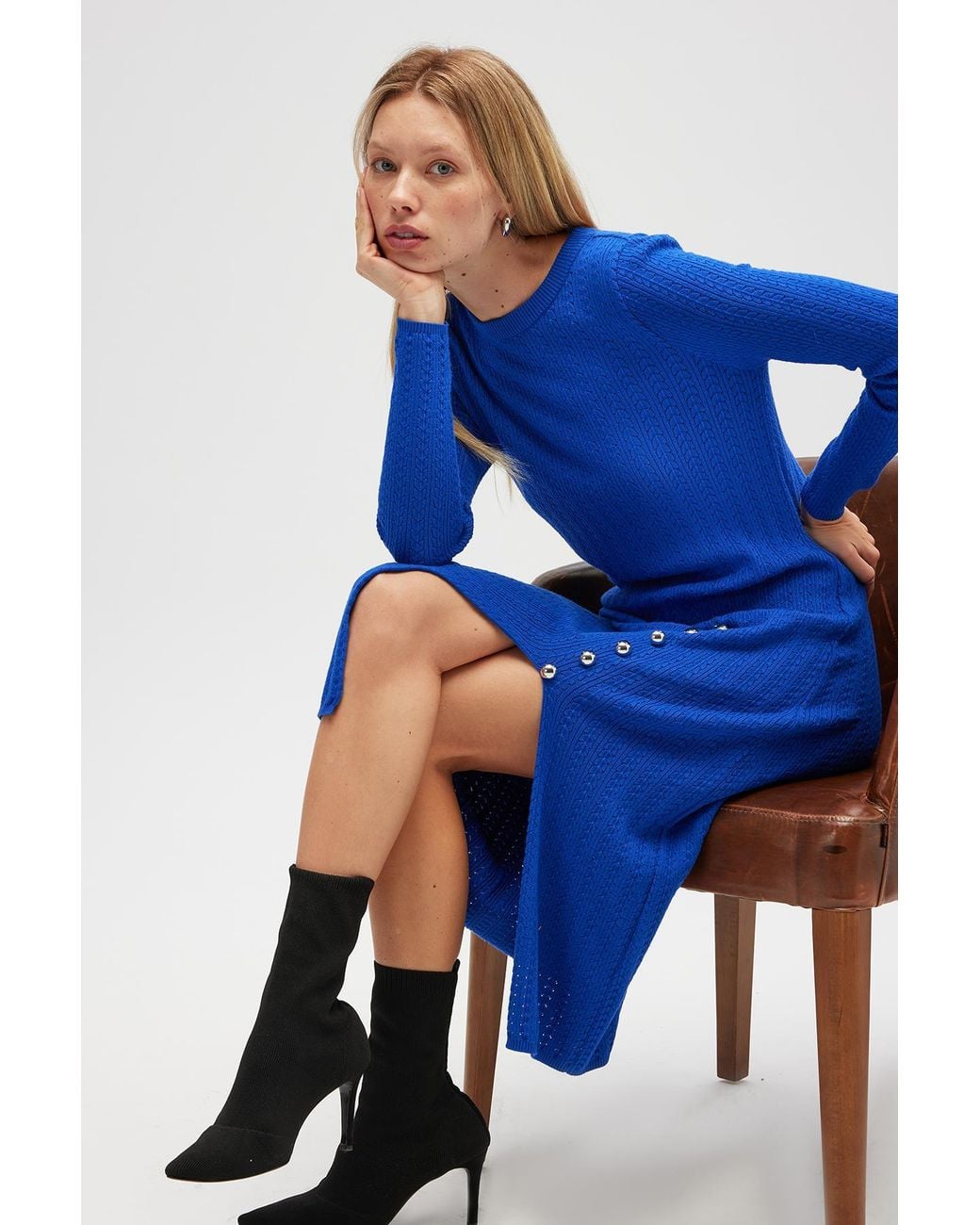 Peraluna Blue Zaira Minimal Cable Knit Slit Midi Dress