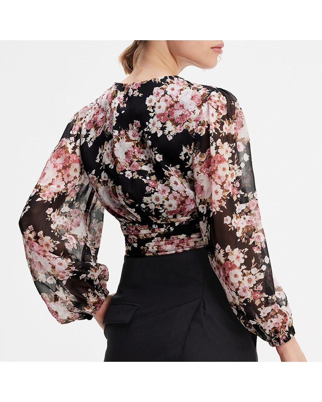Smart and Joy Black Short Blouse With Flower Print