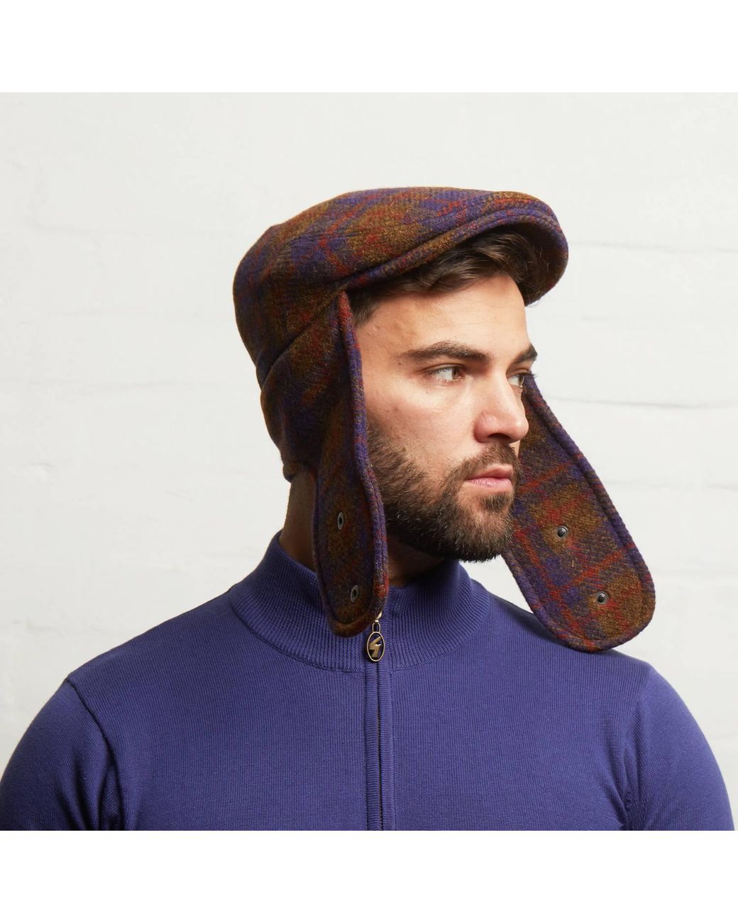 Dasmarca Hats Red Logan Grape Tweed Wool Checks Italian Cap With Earflaps Trapper for men