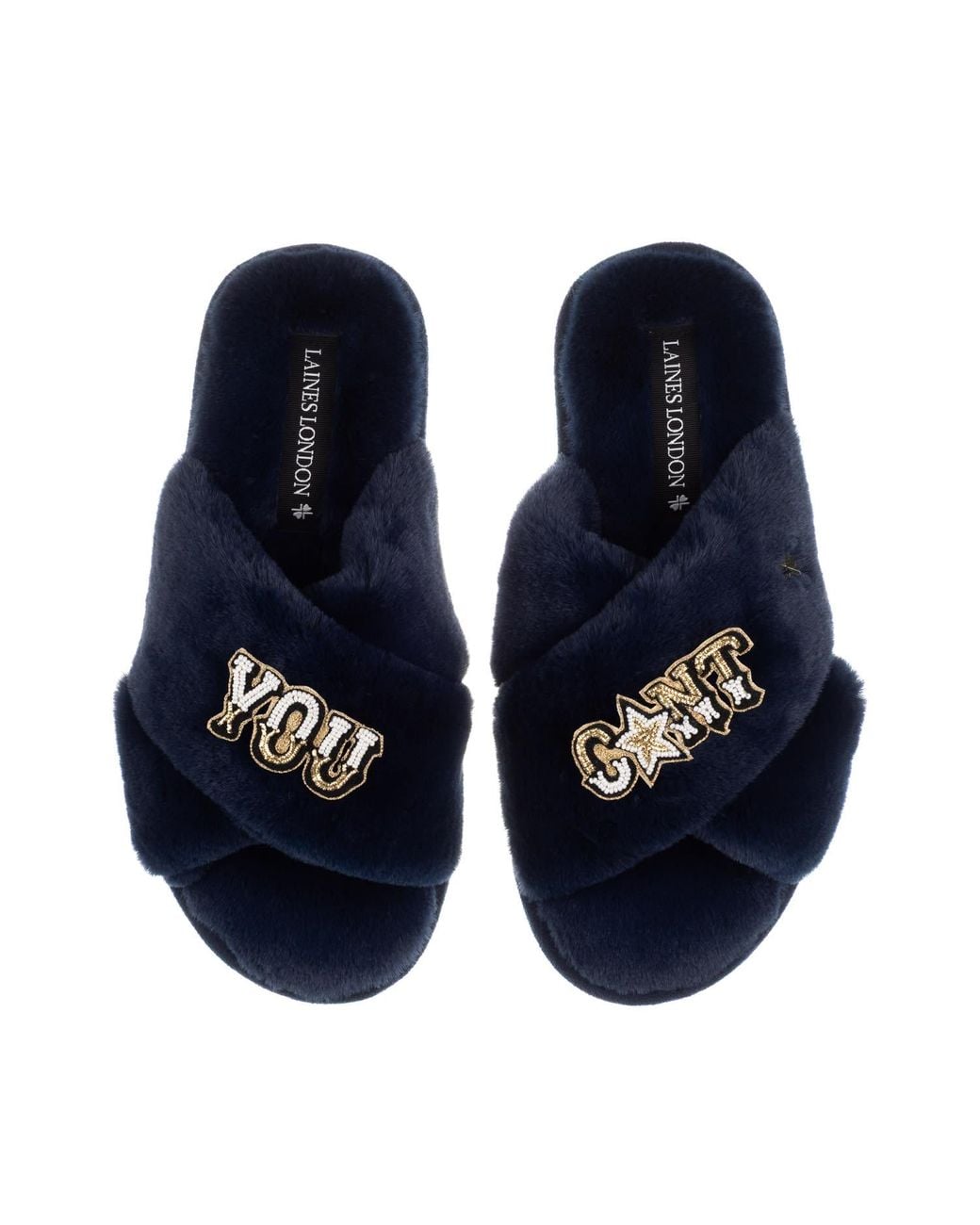 laines-london-classic-laines-slippers-with-you-cunt-brooches-in-blue-lyst