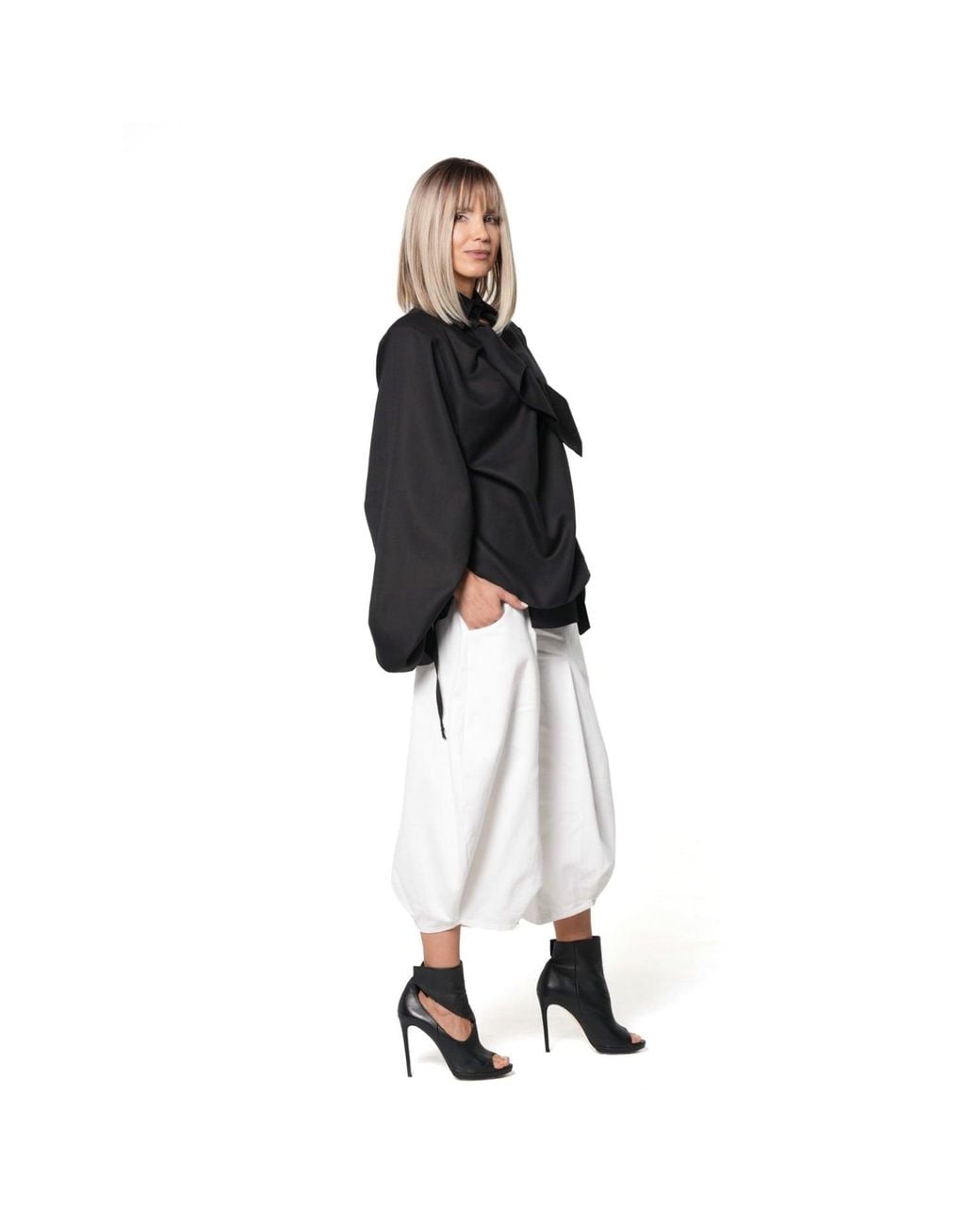 Metamorph Black Wool Wrap Blouse With Statement Sleeves