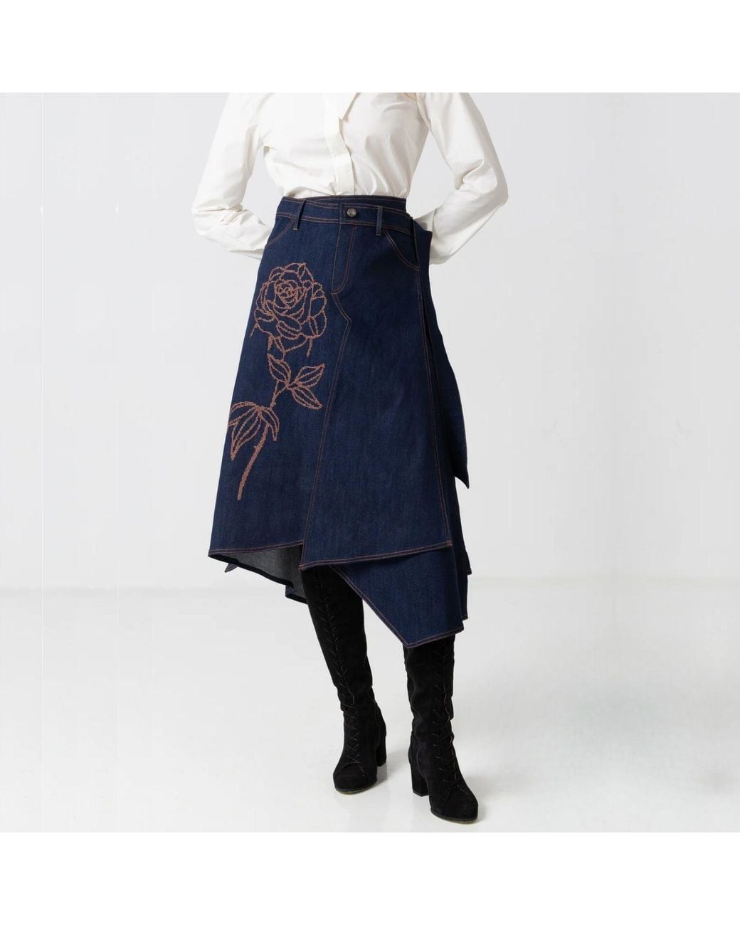 IZABELA MANDOIU Blue Denim Wrap Skirt With Rose Floral Embroidery