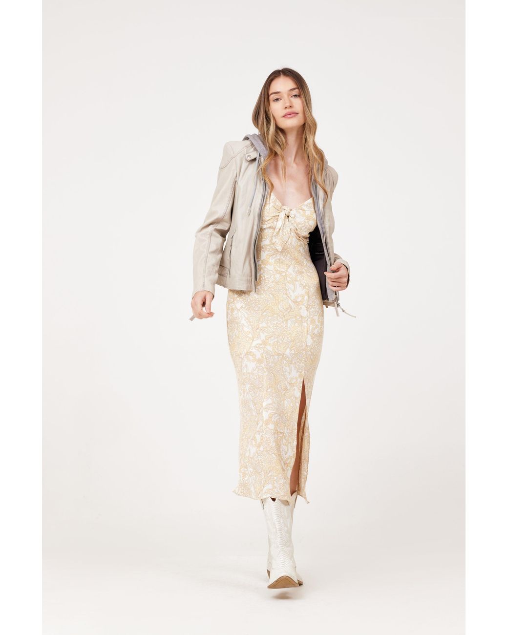 Mauritius Gray Neutrals Leather Moto Jacket Removable Hood Finja Light