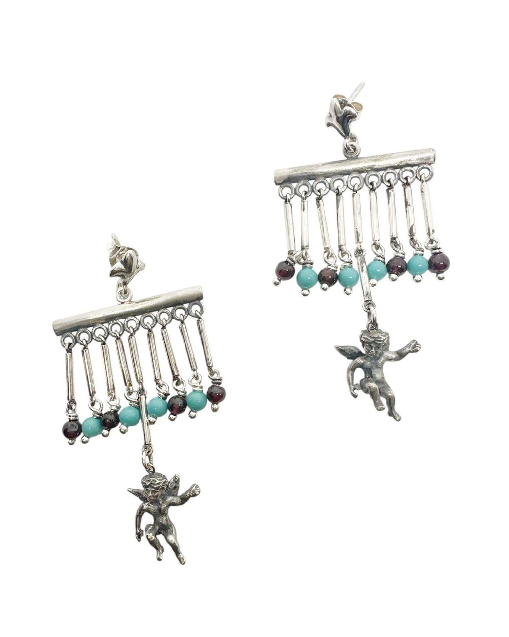 Tg-Jewellery by Tamara Gervasio Metallic Sterling Cherub Chandelier Earrings With Garnet & – Lost Wax Carving