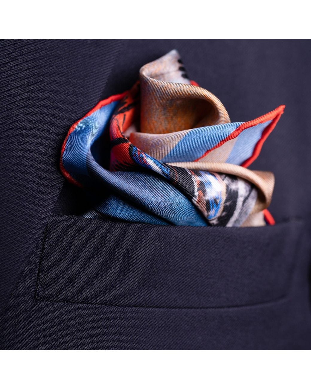 Otway & Orford Blue 'The Jump' Skiing Silk Pocket Square. Full-Size for men