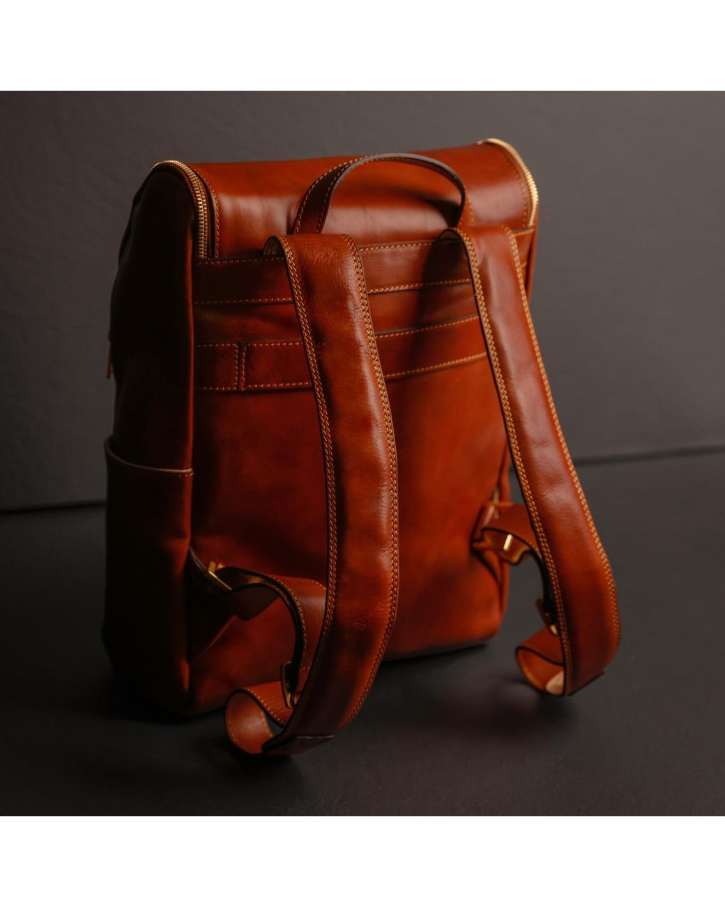 Time Resistance Brown Large Leather Backpack Cognac