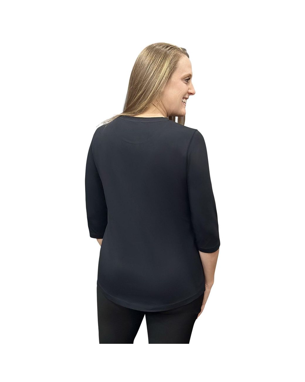 Perlavera Blue Tom Solid Cotton Spandex Three Quarter Sleeve Length Crew Neck T-Shirt