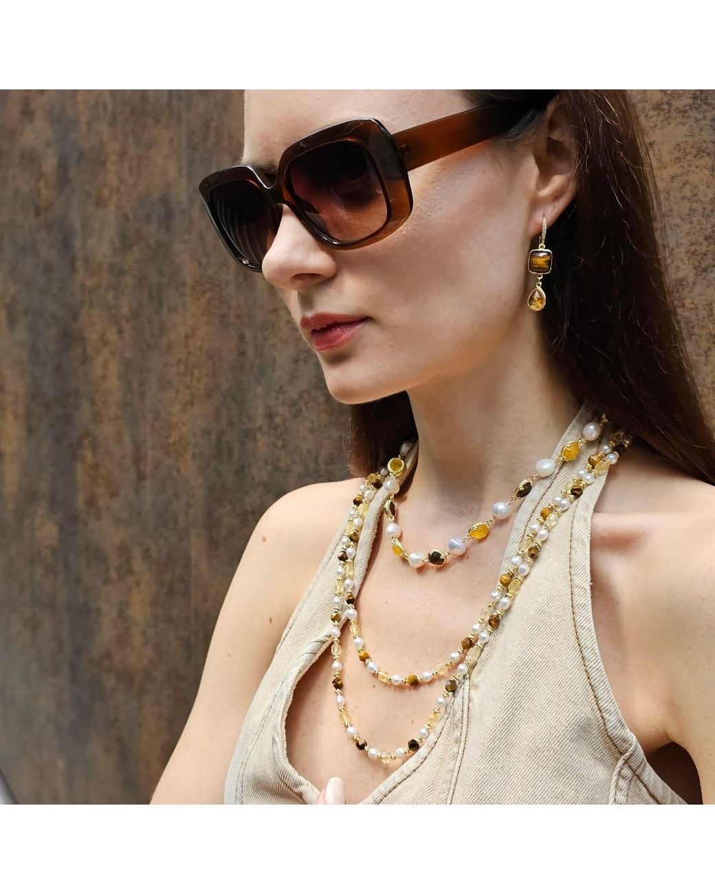 Farra Metallic Tiger-Eye And Citrine With Freshwater Pearls Long Necklace