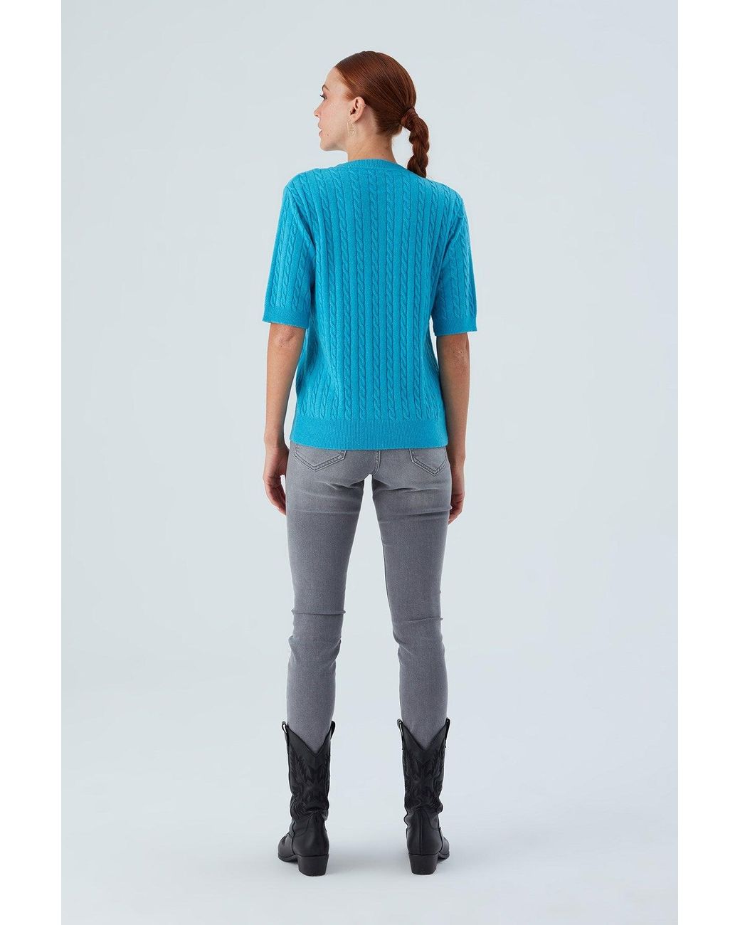 Peraluna Blue Nicole Cable Knit Cashmere Blend Short Sleeve Blouse