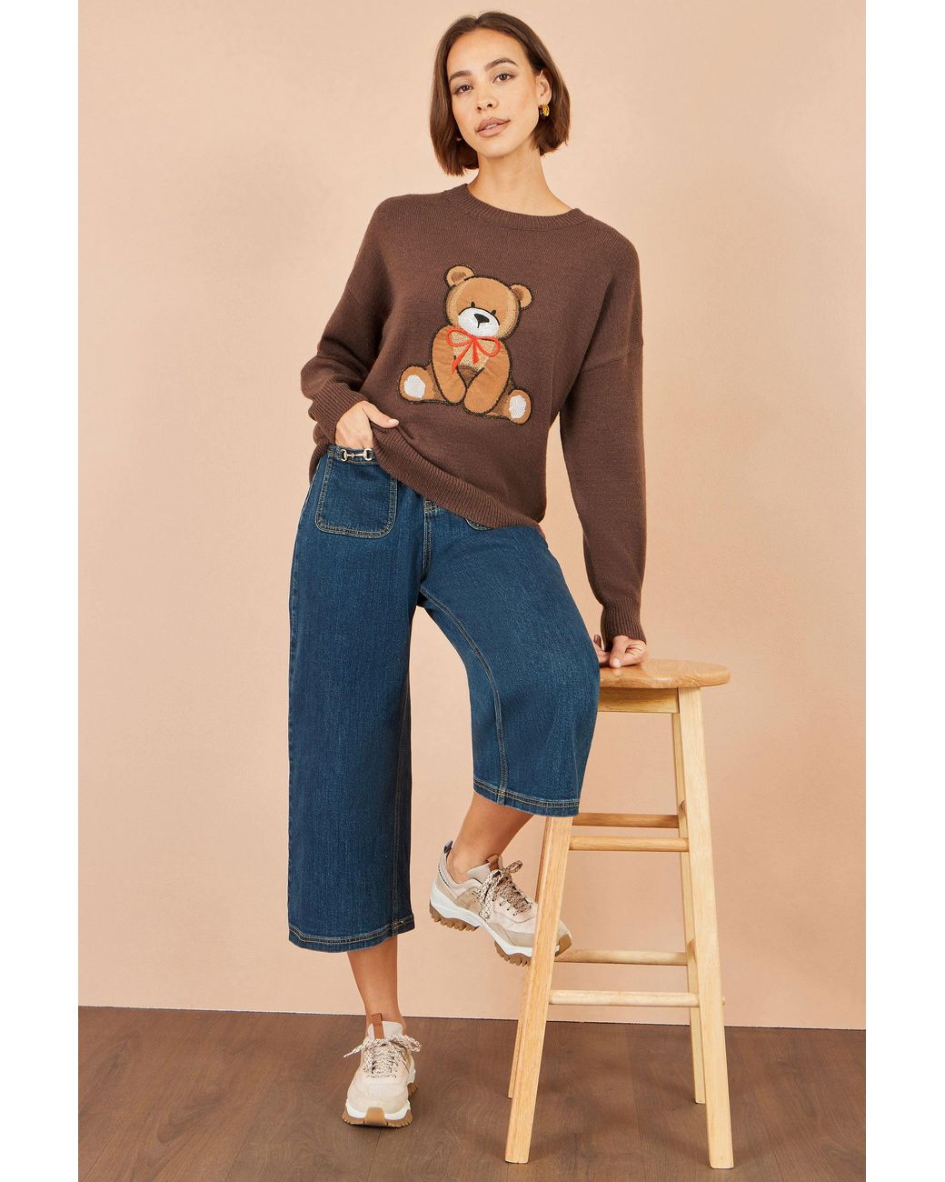 Yumi' Brown Teddy Bear Relaxed Jumper