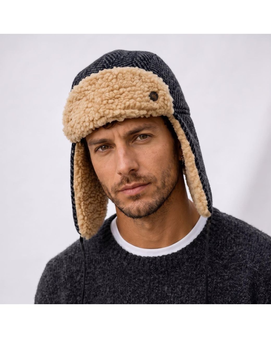 Dasmarca Hats Black Mylo Italian Tweed Wool Trapper Hat With Earflaps for men