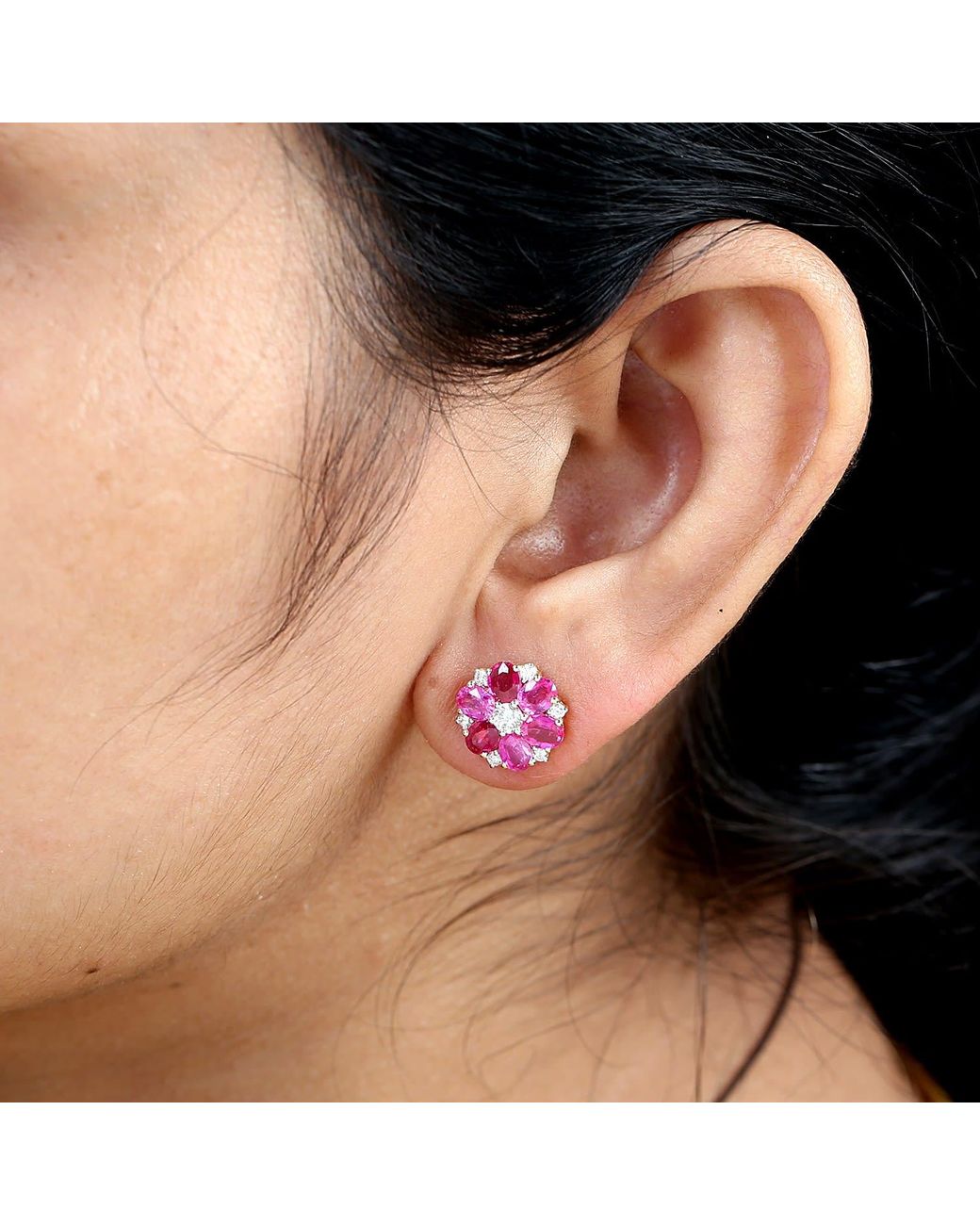 Artisan Pink Oval Cut Ruby & Diamond Flower Stud Earrings