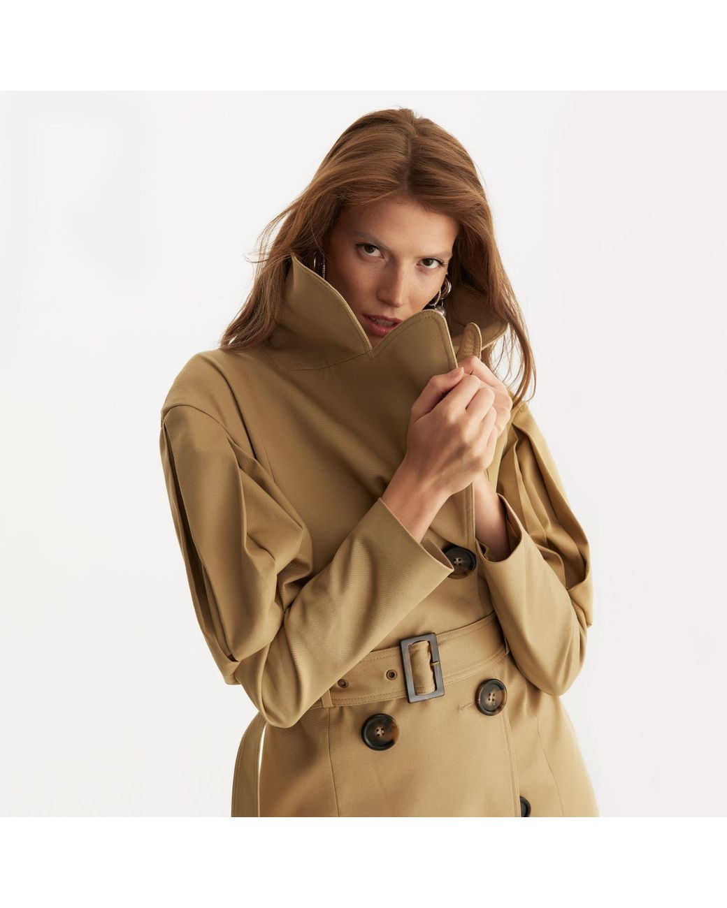 Lita Couture Natural Statement Pleated Shoulders Trench Coat