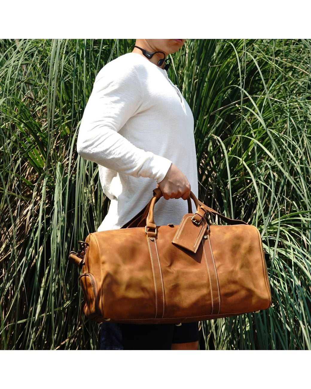 Touri Brown Leather Weekend Bag With Shoe Storage for men